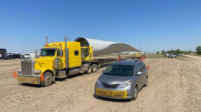 Pilot car with an oversize load sign next to a yellow truck hauling a wind turbine blade