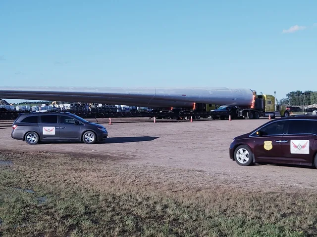 Two TCB Escorts pilot cars with a long wind turbine blade load on a flatbed trailer